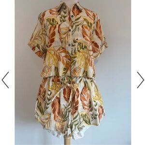 Tropical Leaf Print Two-Piece Linen Set